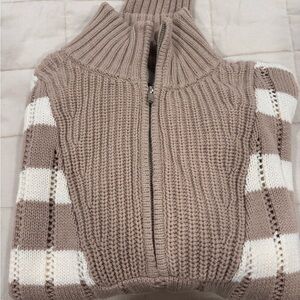 a new day Taupe and White Striped Knit Zip Cardigan